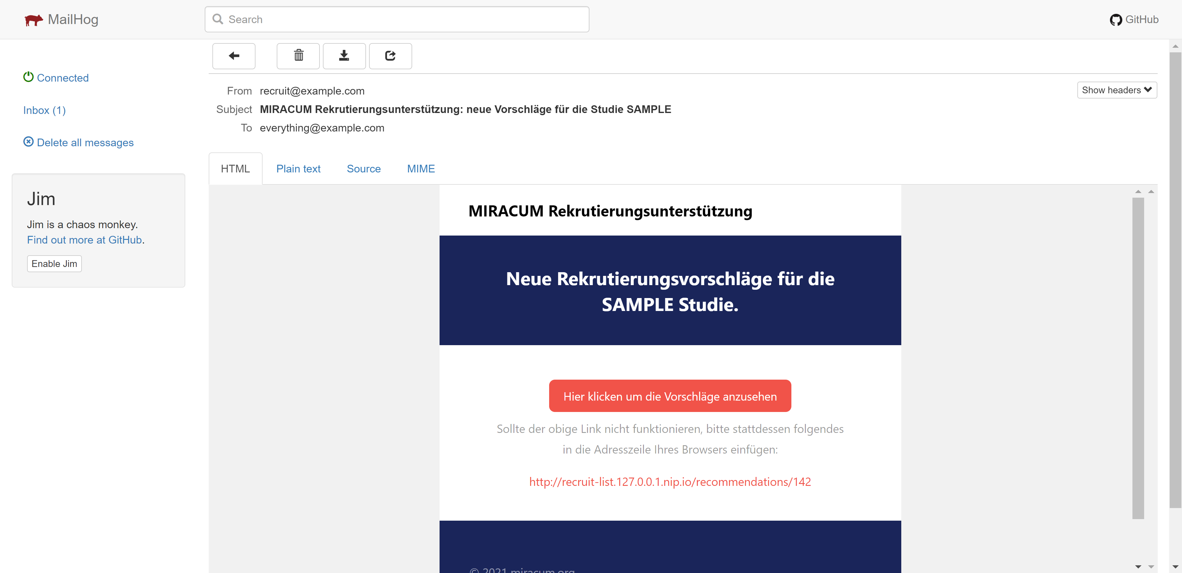 Notification Email for the SAMPLE study displayed in MailHog