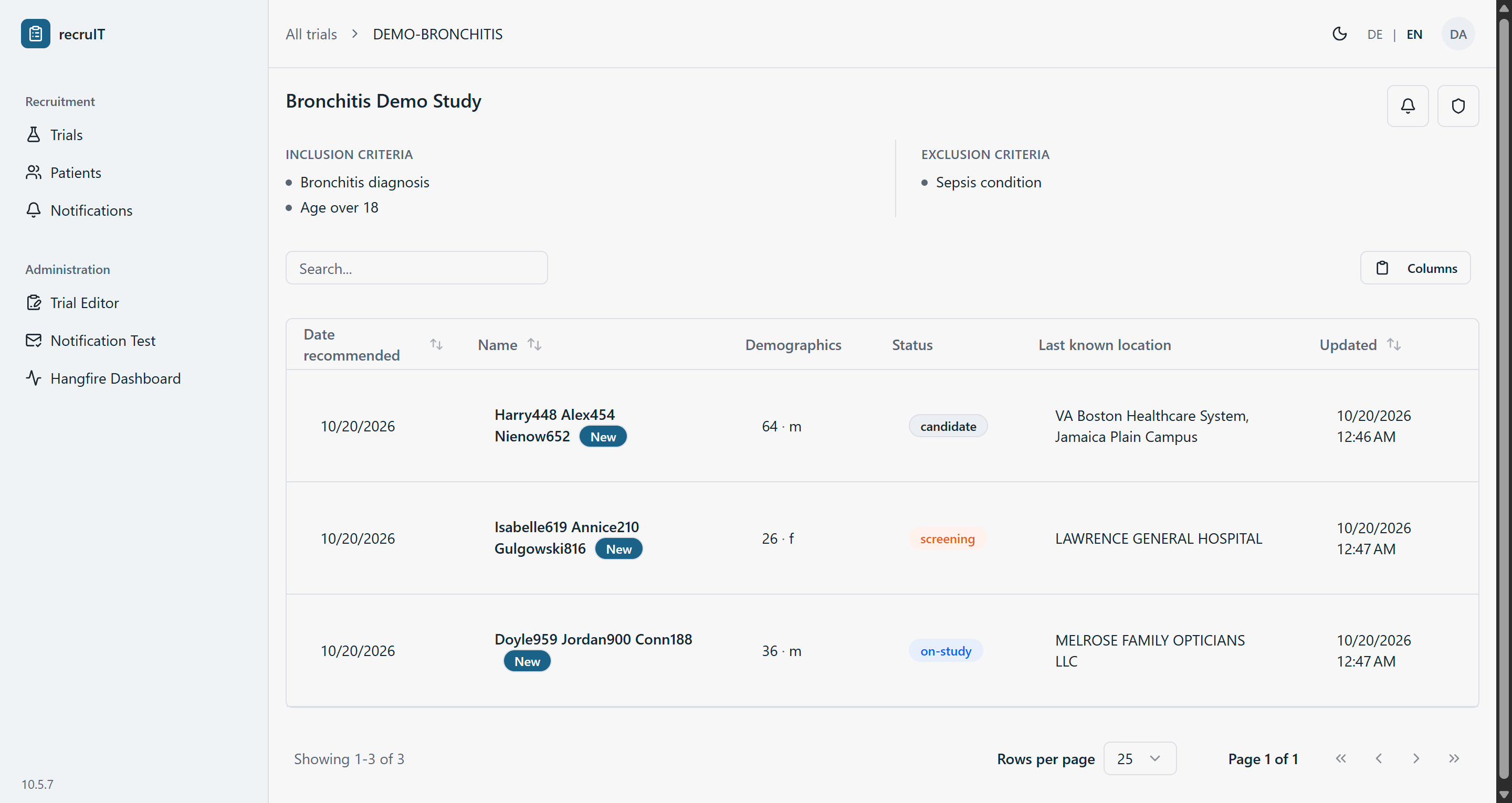 A recruIT screening list showing candidate patients with their recruitment status