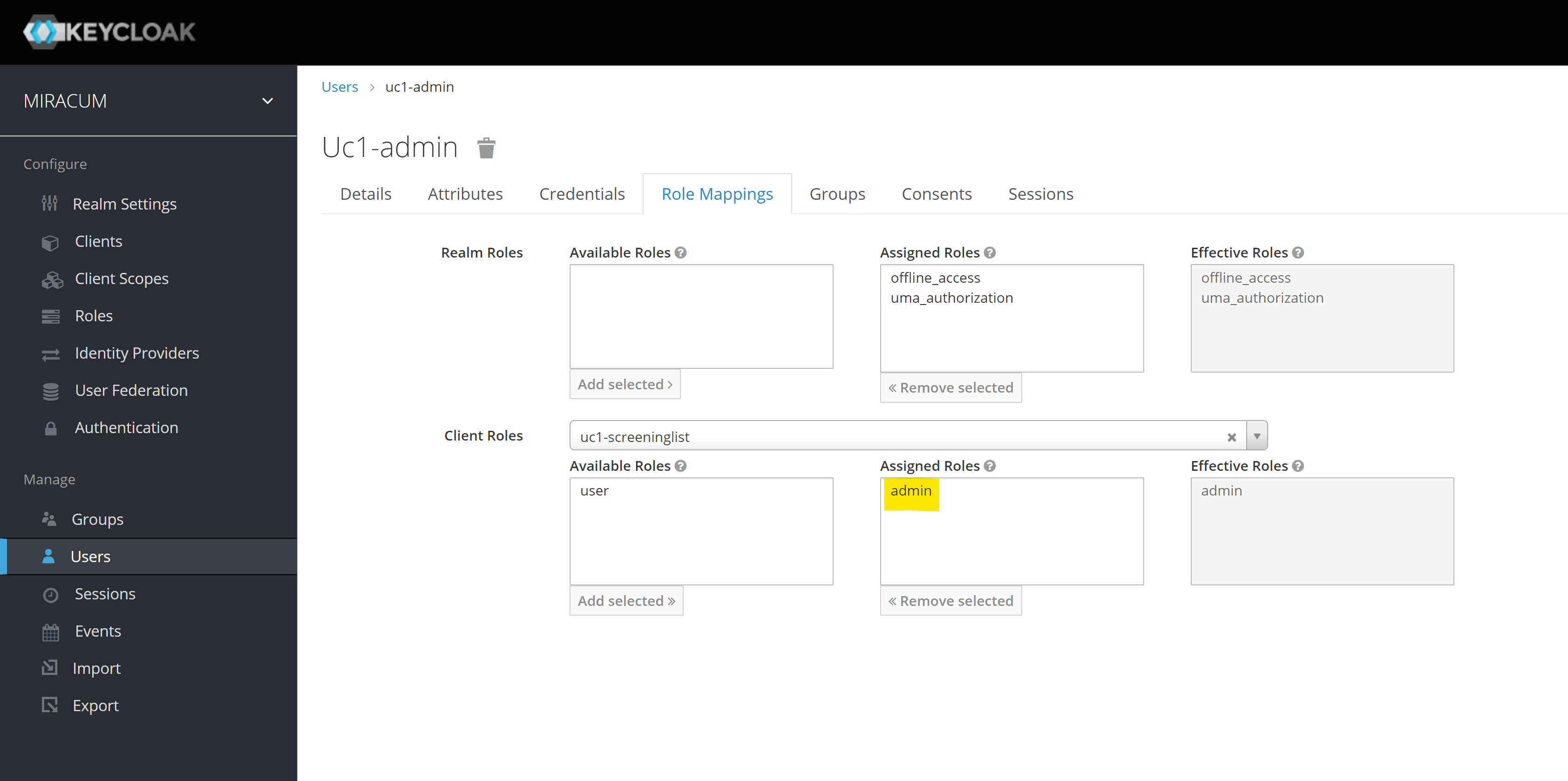 Keycloak configuration for an admin user